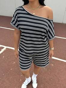 Muchica Plus Size Women's One-Shoulder Black And White Top And Shorts Casual Everyday Two Pieces Set Formal Vacation Summer - Black and White - View 3