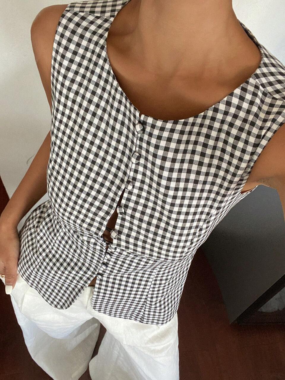 Black And White Plaid Fitted Waist Buckle Elegant Formal Summer Lightweight Vest Jacket For Women Vacation