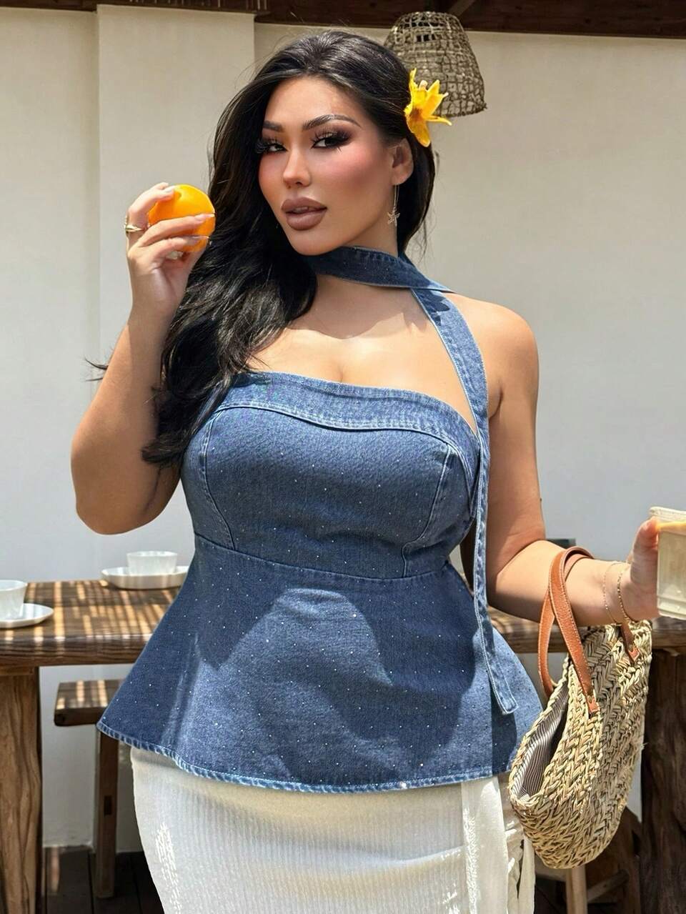 Dazy Plus Elastic Fitted Rhinestone Decor Sexy Bare Midriff Waist Cinching Denim Halter Top, Elegant Plus Size Women Spring/Summer Outerwear