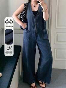 Dazy Plus Plus Size Women's Washed Dark Blue Zip Front Loose Casual Long Denim Jumpsuit, Spring/Summer - Dark Wash - View 1