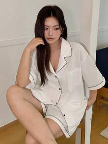 Dazy Plus Color Block Casual Loose Short Sleeve Shirt Top And Shorts Pajama Set, Plus Size Women Spring/Summer Sleepwear - White - View 6
