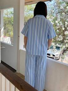 Dazy Plus 2件組 春夏條紋寬鬆短袖上衣 & 長版睡褲 大尺碼女款紫色可愛睡衣套裝 - 藍色 - 查看 5
