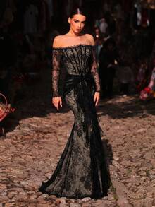 Aureia Elegant Romantic Hazy Blue Off-Shoulder Lace Trim Long Sleeve Sheer Waist Twist Detail Ruffle Hem Bodycon Mermaid Skirt Suitable For Influencer Dating Vacation Bachelorette Party Wedding Party Celebration Heavy Work Evening Gown (Heavy Work Design) - Black - View 5