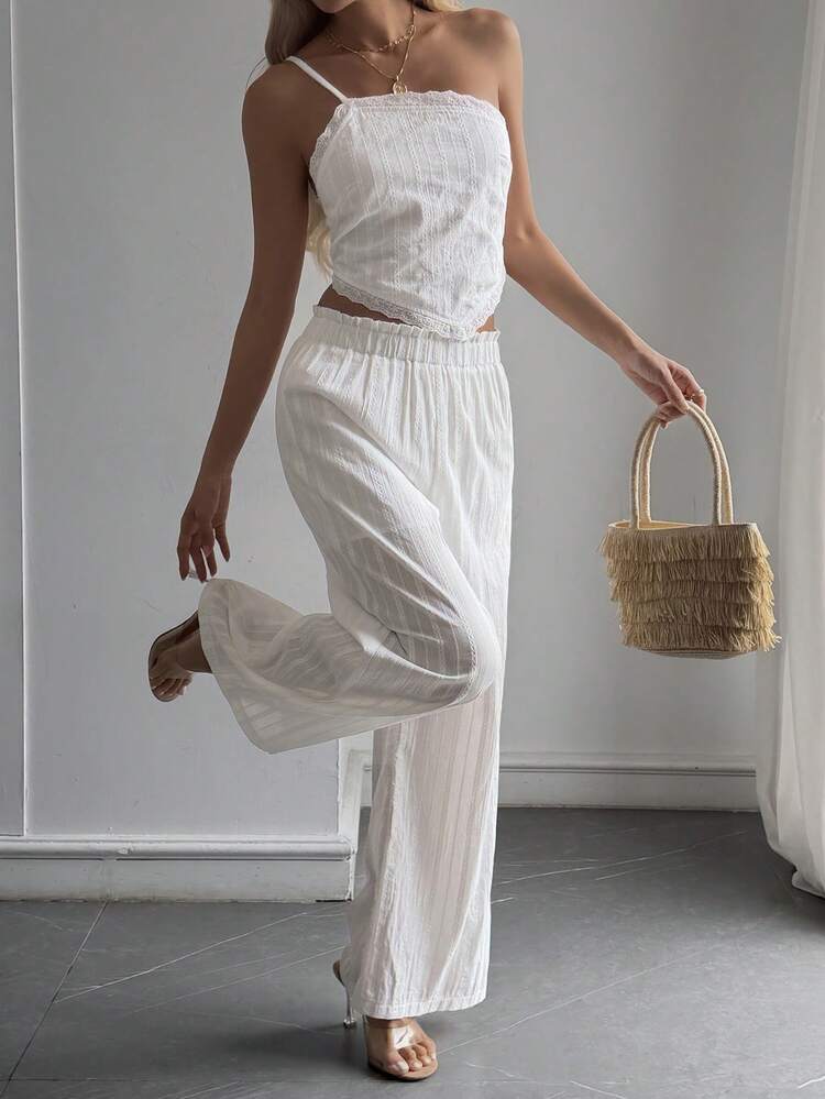 Women's Summer Textured Camisole Top And Loose Wide-Leg Pants 2 Pieces Vacation Set