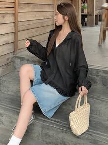 DAZY 女士连帽长袖宽松纹理面料蕾丝拼接休闲度假风常规外套 - 黑色 - 查看 6
