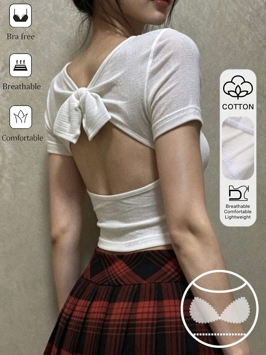 DAZY 女款夏季休閒可愛短袖T恤,內建胸墊,紋理布料,圓領,蝴蝶結背部設計,日常白色校園風 - 白色 - 查看 1