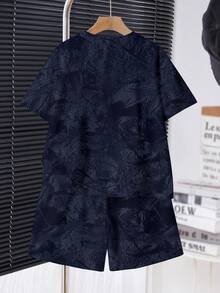 Set Kaos dan Celana Pendek Lengan Pendek Leher Bulat Minimalis Nyaman dan Modis untuk Anak Laki-Laki Remaja, Motif Teks Klasik Streetwear, Motif Garis Klasik, Motif Teks Paris, Cocok untuk Musim Semi/Panas, Cocok untuk Streetwear, Cocok untuk Pakaian yang Dipersonalisasi - MultiWarna - View 3