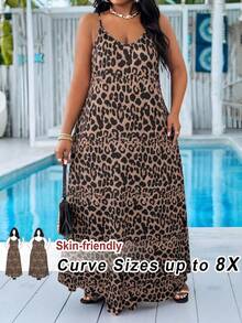 SHEIN CURVE+ Curve Size US22 Music Festival, Seaside Vacation, Bohemia Casual Brown Dress, Basic Sleeveless, Spring/Summer Formal Beach Business - Brown - View 1