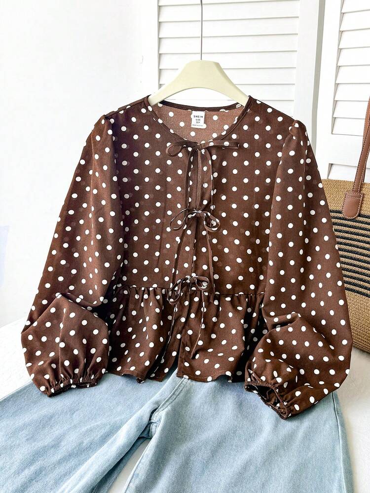 SHEIN ملابس علوية علوي ملابس علوية بناتي للمراهقات بطبعة نقاط بولكا باللونين البني والأبيض، كاجوال لطيف بتصميم بسيط مريح، بياقة دائرية وأكمام طويلة وفيونكة، أنيق للخريف - بني مخاوي - مشاهدة 1