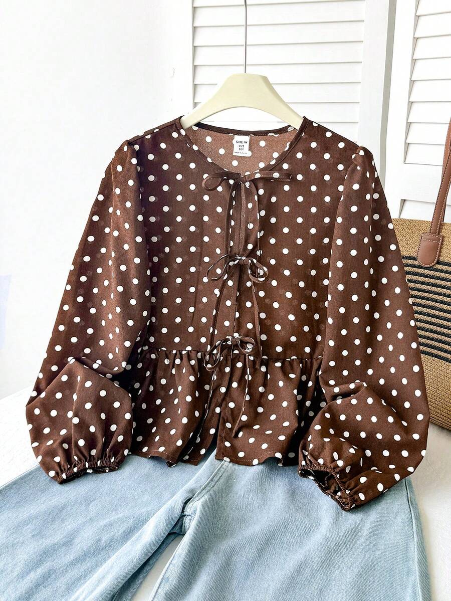 SHEIN 少女棕色與白色波點印花休閒可愛簡約舒適圓領長袖蝴蝶結時尚襯衫上衣 秋季 - 摩卡棕 - 查看 1