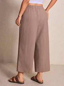 SHEIN PETITE CURVE CURVE 大尺碼女款小個子休閒夏季馬卡龍色度假抽繩腰鬆寬腿長褲 - 駝色 - 查看 3
