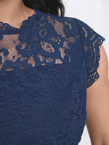 Elenzga Plus Size Women Lace Elegant Waist Gathering Party Dress Summer Spring Wedding Guest Party - Blue - View 3