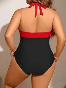 SHEIN Swim Curve 大尺碼女款掛脖式撞色一件式泳衣，適合海灘度假、泳池派對、海灘派對 - 紅色 - 查看 2
