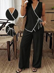 SHEIN CURVE+ Plus Size Women Textured Tie-Front Contrast Color Shirt And Minimalist Casual Loose Wide-Leg Pants Set Vacation Black Summer - Black - View 2