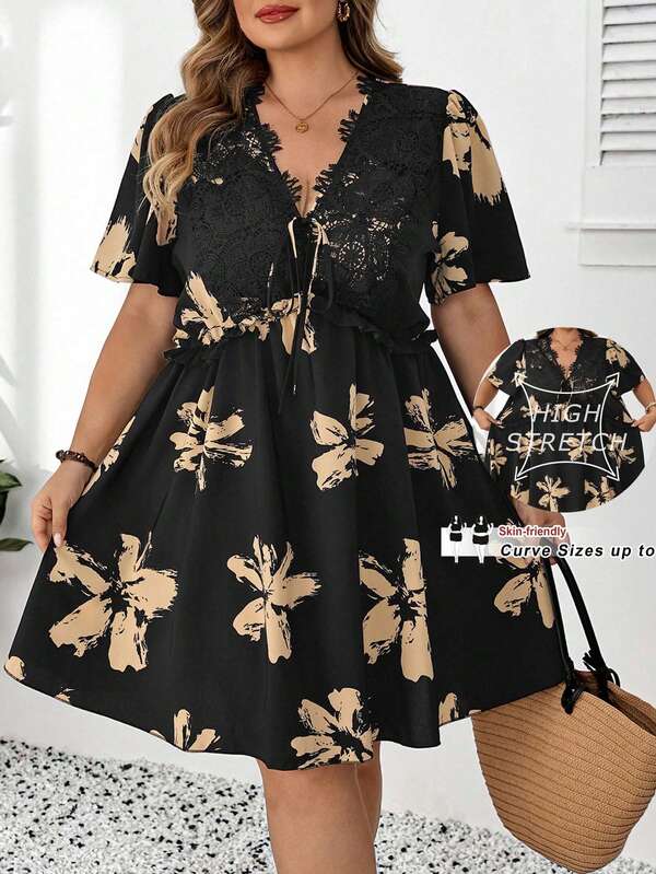 SHEIN CURVE+ Đầm nữ size lớn phối ren tương phản, buộc dây phía trước, họa tiết hoa