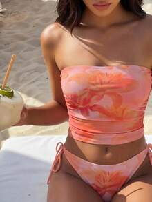 Swim Vcay 女款夏季海灘度假花卉印花無肩帶坦基尼泳衣套裝，性感優雅無肩帶橘色比基尼兩件套 - 珊瑚橙 - 查看 3