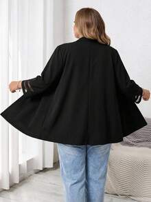 SHEIN CURVE+ 大尺碼女款時尚優雅休閒網格拼接西裝外套，適合夏季教師節、辦公室、晚宴正式場合，黑色 - 黑色 - 查看 4