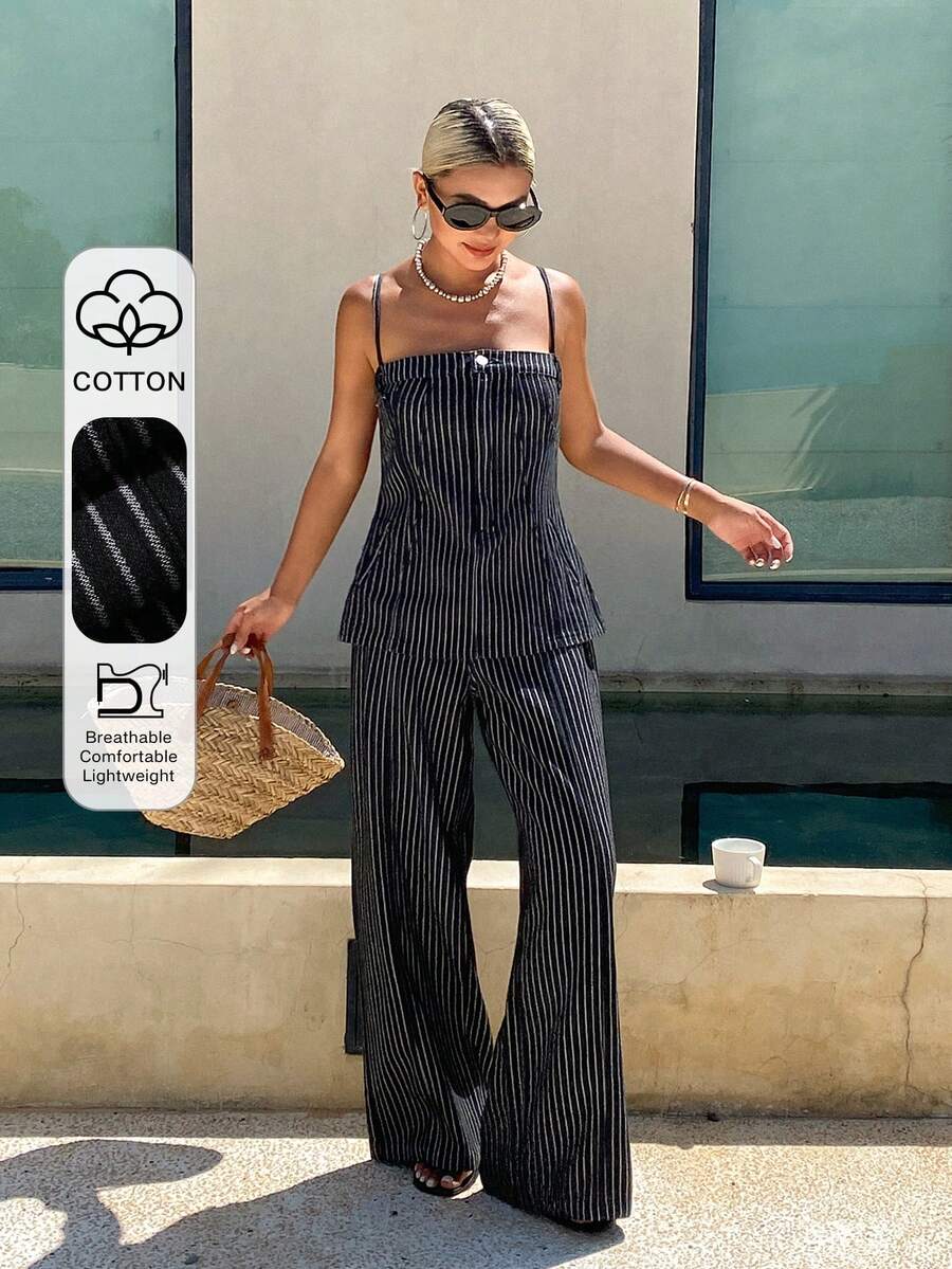 Livesso Summer Black And White Striped Pinstripe Camisole Top Straight Leg Casual Pants Set, Loose Business Casual, Commute Women's 2-Piece Outfit Vacation - Dark Wash - View 1