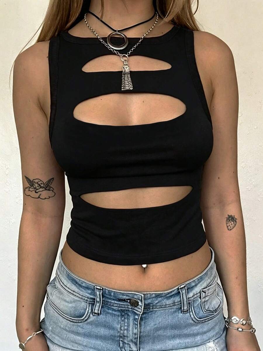 Rovax Women's Sleeveless Cutout Tank Top, Y2k Hollow Out Camisole Club Black Summer - Black - View 1