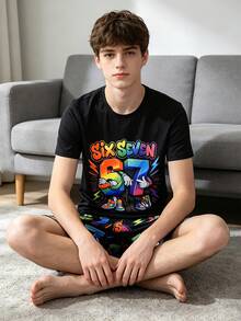 Teen Boys Rainbow Gradient American Graffiti Style SIX SEVEN (67) Number Print Cool Graphic Design Short Sleeve Shorts Snug Fit Pajama Loungewear Set - Black - View 8
