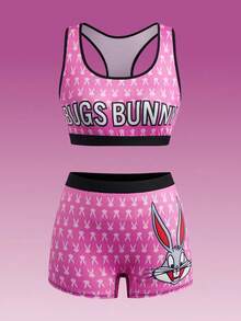 LOONEY TUNES X SHEIN Cartoon Print Sports Pink Racerback Bra And Shorts 2 Pieces Set - Black - View 7