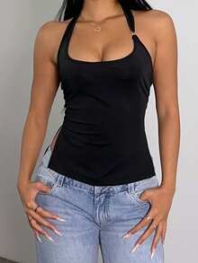 SHEIN SXY Black Casual Halter Neck Tank Top With Side Slit Hem,Black Top - Black - View 3