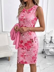 SHEIN Clasi Conjunto de 2 piezas para mujer con vestido ajustado de estampado floral elegante y cárdigan de punto de manga media en color rosa, adecuado para citas, ir al trabajo y uso diario - Rosa Fucsia - Ver 7
