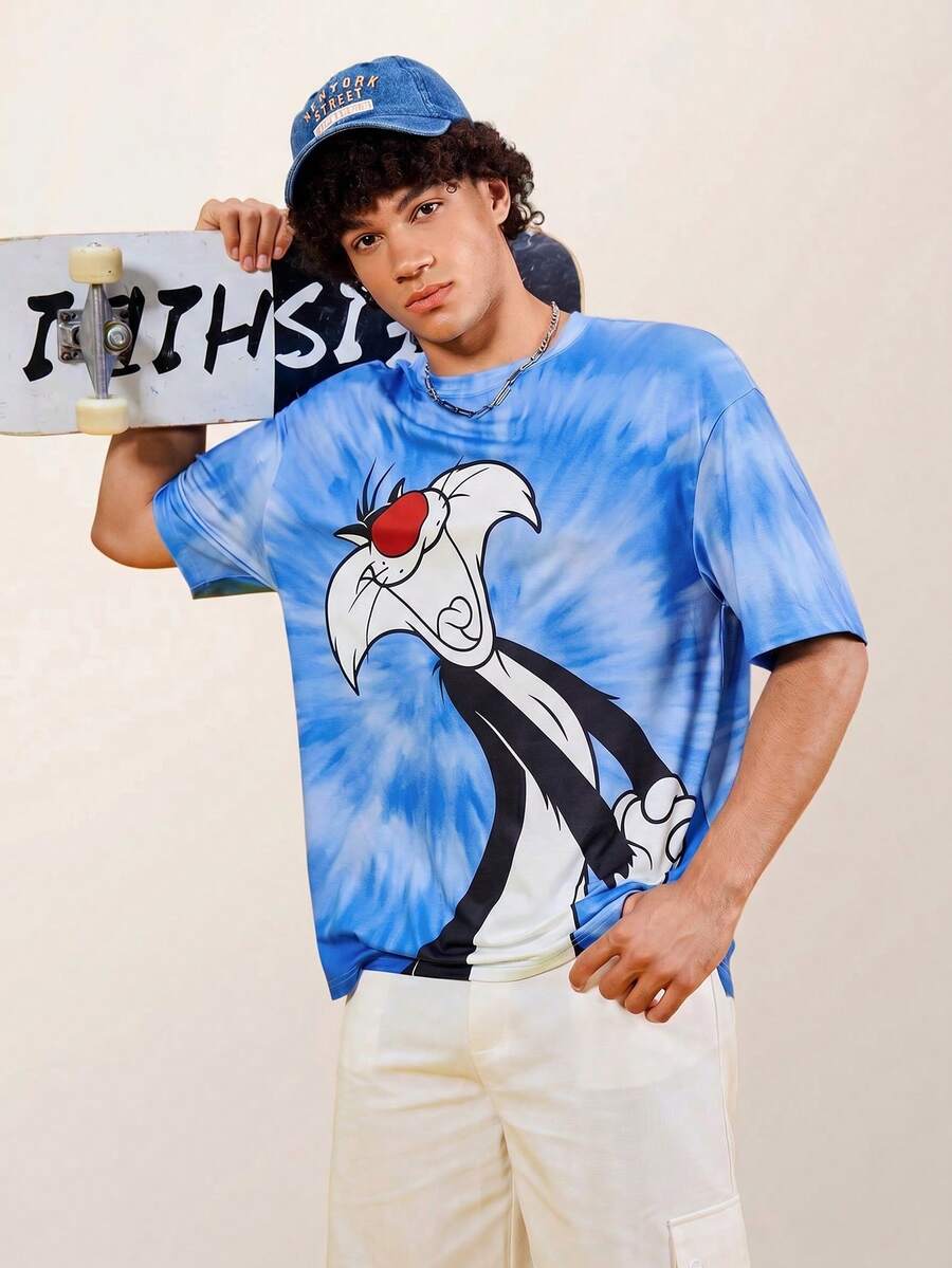 LOONEY TUNES X SHEIN 男士卡通猫印花圆领短袖T恤 - 彩色 - 查看 1