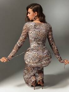 Nuvra Women's 2-In-1 Lace Leopard Print Long Sleeve Hip-Lifting Waist-Shaping Body-Contouring Maxi Dress - Multicolor - View 2