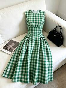 SHEIN New Spring/Summer Sleeveless Green Plaid Midi Dress For Women - Green - View 4