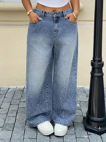 Dazy Plus Plus Size Women Casual Loose Fit Rhinestone Decor Waist Jeans, Streetwear, Suitable For All Seasons - Medium Wash - View 7