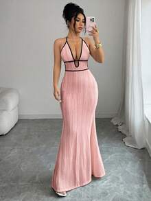 Rafferiza Women's Spring/Summer Exquisite Sexy Vacation Outing Date Outfit Textured Fitted Knit Spaghetti Strap Spaghetti Strap Black Contrast Trim Bodycon Dress - Pink - View 5