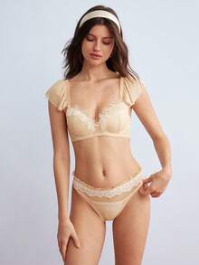 Elorette 女款素色對比蕾絲時尚舒適內衣套裝 - 藕粉色 - 查看 4
