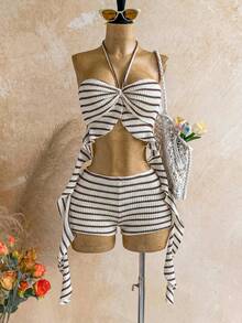 Soleia New Vacation Blue & White Striped Camisole Top And Mini Skirt Set, Summer, Spring, Vacation, Beach, Outing, Striped Two Pieces Set, Women's Vacation Two Pieces Set, Summer Two Pieces Set, Red & White Swimsuit, Swimwear Two Pieces Set, Party Outfit, Ruffle - Coffee Brown - View 7