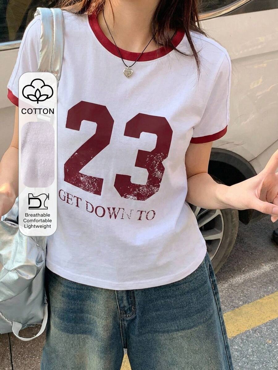 DAZY 女款撞色字母織帶裝飾修身休閒街頭運動風短袖T恤 - 白色 - 查看 1