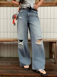 DAZY Women's Regular Waist Distressed Street Casual Denim Jeans - Medium Wash - View 7