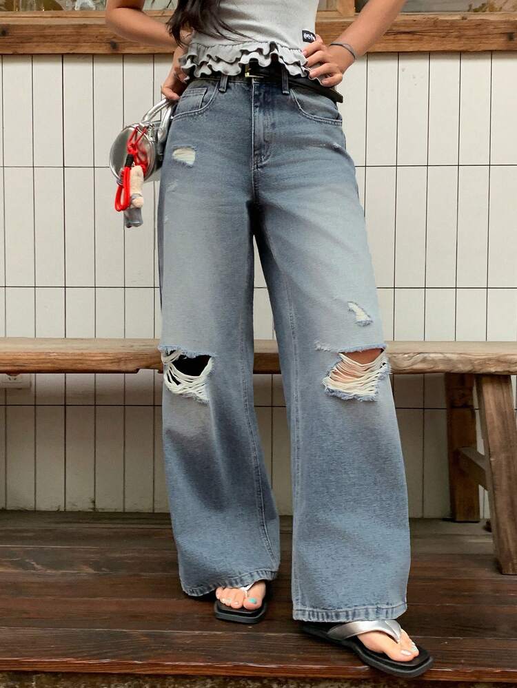 Women's Regular Waist Distressed Street Casual Denim Jeans