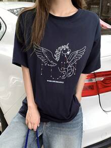 DAZY 女款夏季圓領短袖印花休閒基礎街頭風T恤 度假穿搭圖案上衣 高爾夫白色可愛上衣 - 藏蓝色 - 查看 2