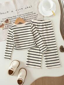 SHEIN Baby Girl Knit Striped Floral Round Neck Top And Long Pants Set - Multicolor - View 2
