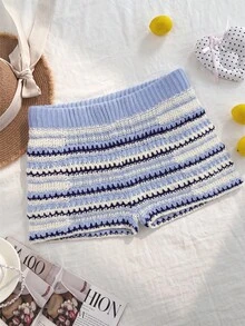 Elamini Women's Versatile Gradient Blue And White Stripe Mini Knit Cute Tropical Vacation Sweater Pants Beach Vacation Summer - Blue - View 3