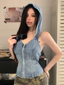 DAZY 女士休闲度假风水洗蓝色连帽开衫，短款沙滩街头牛仔夹克背心，春夏Y2K - 淺色水洗藍 - 查看 4