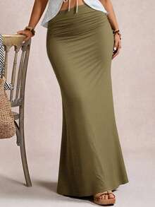 Freevana Plus Size Elegant Romantic Vintage A-Line Maxi Knit Skirt, Suitable For Parties And Gatherings, Autumn/Winter - Army Green - View 5