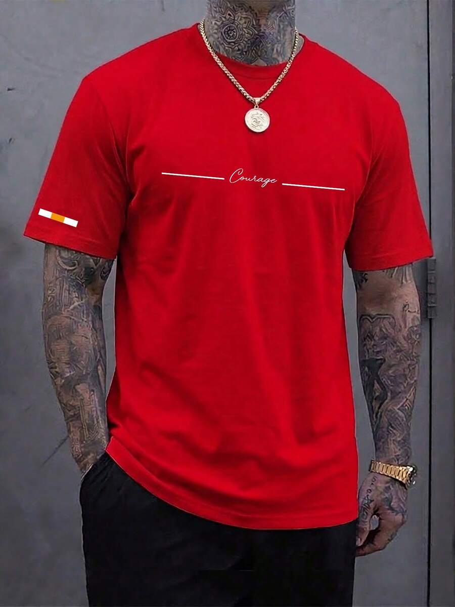 Manfinity Homme Camiseta de manga corta con cuello redondo y estampado simple para hombre - Rojo - Ver 1
