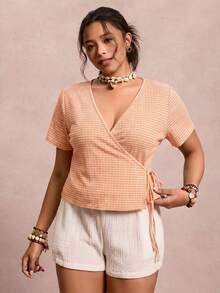 SHEIN VCAY Plus Size Women's Plaid Side Knot Short Sleeve Casual T-Shirt - Orange - View 4
