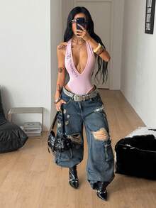 Coolane Women's Summer Going Out Chic Letter Streetwear Print Deep V Sexy Halter Neck Pink Bodysuit - Pink - View 3