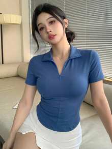 DAZY 夏季藍色 Polo 領休閒度假街頭風女款 T-shirt - 水鴨藍 - 查看 6