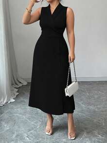 Elenzga Plus Size Versatile Premium Asymmetric V-Neck Women's Dress - Black - View 3