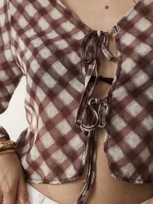 Aralina 2 pezzi top estivi da donna a quadri con laccio davanti, stile cottagecore, maniche lunghe, outfit da brunch, top carini da donna - Grigio Chiaro - Visualizzare 12