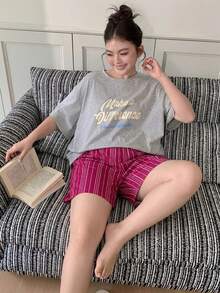 Dazy Plus 2pcs/Set Plus Size Women's Letter Print Short Sleeve Top And Striped Straight Shorts Pajama Set, Spring/Summer - Grey - View 7