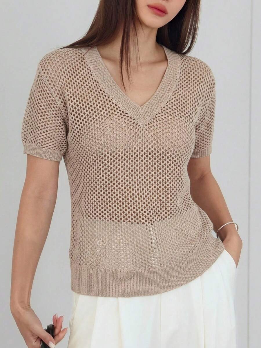 DAZY 夏季寬鬆商務休閒辦公室街頭鏤空針織毛衣鉤編女款T恤 - 卡其色 - 查看 1